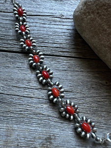 Floral Sterling Silver Red Bamboo Coral Pearls Bead Bracelet. 6 Inch