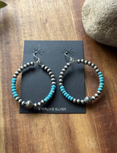 Load image into Gallery viewer, Sterling Silver Blue Turquoise Bead W Pearls Loop Hoop Earrings.
