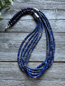 Sterling Silver Multi Strand Stone Lapis Purple Charoite Bead Necklace. 26 inch