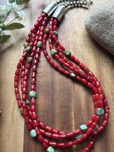 Load image into Gallery viewer, Sterling Silver Multi Strand Red Coral Turquoise Nuggets Bead Necklace 22 Inch