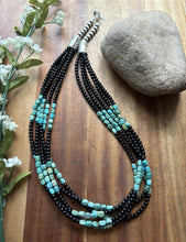 Load image into Gallery viewer, Sterling Silver Multi Strand Black Onyx Turquoise Bead Necklace. 22 Inch