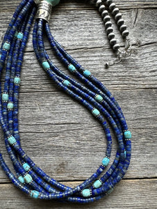 Sterling Silver Multi Strand Stone Lapis Turquoise Bead Necklace. 28 inch