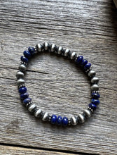 Load image into Gallery viewer, Lapis 6mm 7 Inch Stretch Sterling Silver Pearls Bead Bracelet