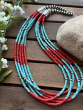 Load image into Gallery viewer, Sterling Silver Multi Strand Heishi Bamboo Coral Turquoise Bead Necklace 24 Inch