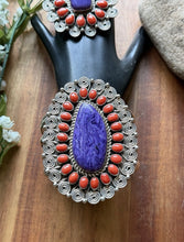 Load image into Gallery viewer, Tonya Rafael Navajo Sterling Silver Purple Charoite Red Coral Cuff Ring Set