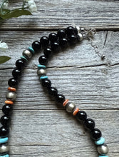 Load image into Gallery viewer, Sterling Silver Black Onyx Multi Stone Turquoise Spiny Bead Necklace 18 Inch
