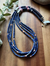 Load image into Gallery viewer, Sterling Silver Multi Strand Heishi Lapis Pink Conch Bead Necklace 26 inch