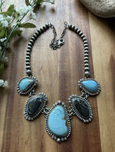 Load image into Gallery viewer, Navajo Sterling Silver Black Jack Kingman Turquoise Lariat Pearls Chain Necklace