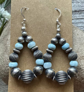 Sterling Silver Blue Larimar W Pearls Bead Loop Corrugated Earrings. 2.4 Inch