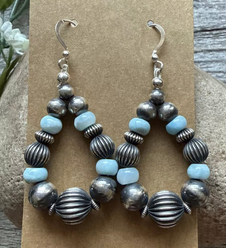 Sterling Silver Blue Larimar W Pearls Bead Loop Corrugated Earrings. 2.4 Inch