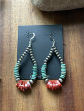 Load image into Gallery viewer, Sterling Silver Turquoise Spiny Oyster Pearls Bead Loop Hoop Earrings. 3 Inch