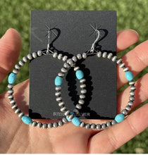 Load image into Gallery viewer, Southwestern Sterling Silver Turquoise Pearls Bead Hoop Earrings 2.5 Inch