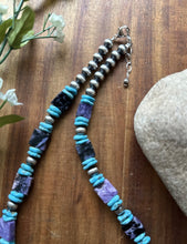 Load image into Gallery viewer, Sterling Silver Purple Charoite Blue Turquoise Pearls Bead Necklace 18 Inch Gift