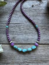 Load image into Gallery viewer, Southwestern 925 Sterling Silver Dyed Sugilite W Turquoise Bead Necklace 18 inch