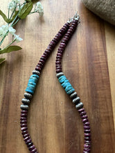 Load image into Gallery viewer, Sterling Silver Turquoise Purple Spiny Oyster Bead Necklace. 18 Inch