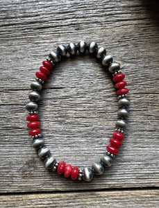 Red Coral 6mm 7 Inch Stretch Sterling Silver Pearls Bead Bracelet
