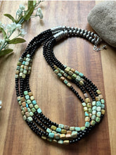 Load image into Gallery viewer, Sterling Silver Multi Strand Black Onyx Turquoise Nuggets Bead Necklace. 24 Inch
