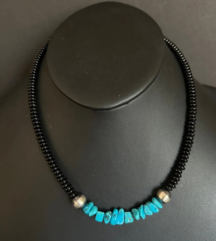 Mens Sterling Silver Black Onyx Turquoise Bead Necklace. 18 Inch