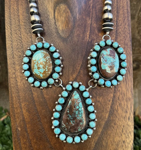 Navajo 925 Sterling Silver Turquoise Cluster W Pearls Necklace K Yazzie Handmade