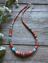 Load image into Gallery viewer, Heishi Sterling Silver Sleeping Beauty Turquoise Spiny Oyster Bead Necklace 18”