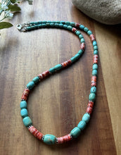 Load image into Gallery viewer, Sterling Silver Graduated Turquoise Heishi Spiny Oyster Bead Necklace 23 Inch