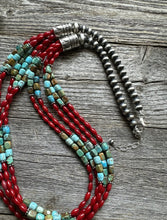 Load image into Gallery viewer, Sterling Silver Blue Green Turquoise Red Coral Pearls Bead Necklace 28 Inch