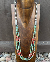 Load image into Gallery viewer, Sterling Silver Multi Strand Blue Green Turquoise Spiny Oyster Bead Necklace 30”
