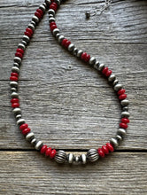 Load image into Gallery viewer, Sterling Silver Red Coral W 6mm 4mm Pearls Bead Necklace 18 inch