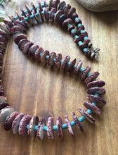 Load image into Gallery viewer, Sterling Silver Graduated Purple Spiny Oyster Turquoise Pearls Bead Necklace 34”