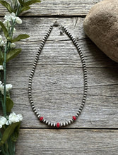 Load image into Gallery viewer, Sterling Silver 4mm Pearls with Red Bamboo Coral Bead Necklace Choker. 14 inch