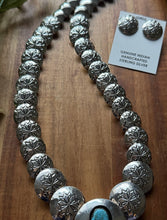 Load image into Gallery viewer, Navajo Sterling Silver Turquoise Stamped Pillow Beads Bead Necklace Earrings 22”