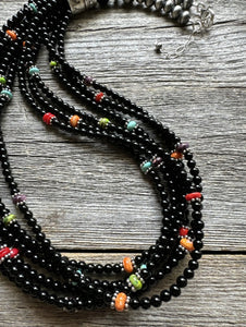 Sterling Silver Multi Strand Black Onyx Multi Stone Bead Necklace. 24 Inch