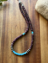 Load image into Gallery viewer, Sterling Silver Purple Spiny Oyster Heishi Turquoise Pearls Bead Necklace 18”