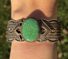 Load image into Gallery viewer, Navajo Native Sterling Silver Green Damele Turquoise Cuff Bracelet Maloney