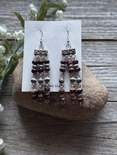 Load image into Gallery viewer, Sterling Silver Purple Spiny Oyster W Pearls Rosary Bead Dangle Earrings. 3 Inch