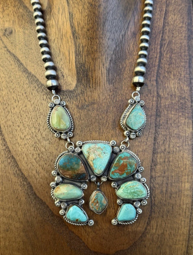 Navajo Sterling Silver Blue Green Royston Turquoise Lariat Pearls Naja Necklace