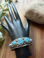 Load image into Gallery viewer, Navajo Native American Sterling Silver Blue Turquoise Row Cuff Bracelet J Nelson
