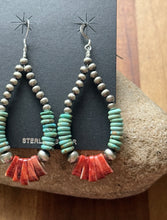 Load image into Gallery viewer, Sterling Silver Turquoise Spiny Oyster Pearls Bead Loop Hoop Earrings. 3 Inch