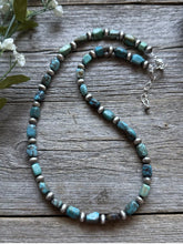 Load image into Gallery viewer, Sterling Silver Blue Green Turquoise Nuggets W Pearls Bead Necklace. 18 inch