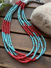 Load image into Gallery viewer, Sterling Silver Multi Strand Heishi Bamboo Coral Turquoise Bead Necklace 24 Inch
