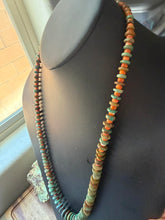 Load image into Gallery viewer, Sterling silver graduated green turquoise with spiny oyster bead necklace 34 in