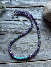 Load image into Gallery viewer, Sterling Silver Dyed Sugilite Charoite W Turquoise Bead Necklace 18 inch