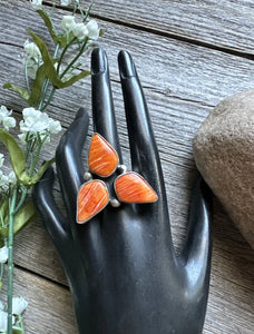 Jimmy Garcia Sterling Silver Orange Spiny Oyster Adjustable Ring. Navajo