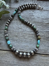 Load image into Gallery viewer, Sterling Silver Blue Green Turquoise W Pearls Round Bead Necklace 18 inch Gift