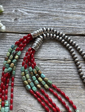 Load image into Gallery viewer, Sterling Silver Multi Strand Blue Green Turquoise Coral Pearls Bead Necklace 30”