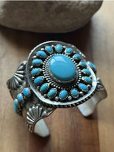Load image into Gallery viewer, Navajo Native Sterling Silver Blue Turquoise Cluster Cuff Bracelet Signed Gift