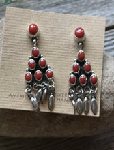 Load image into Gallery viewer, Navajo Native American Sterling Silver Red Coral Cluster Earrings. Gift Geneva