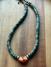 Load image into Gallery viewer, Sterling Silver Graduated Turquoise Heishi Spiny Oyster Bead Necklace 17.5 Inch