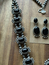 Load image into Gallery viewer, Navajo Sterling Silver Black Onyx Squash Blossom Naja Necklace Earrings Set LY