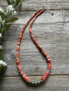Sterling Silver Graduated Multi Stone Spiny Oyster Heishi Bead Necklace 18 inch